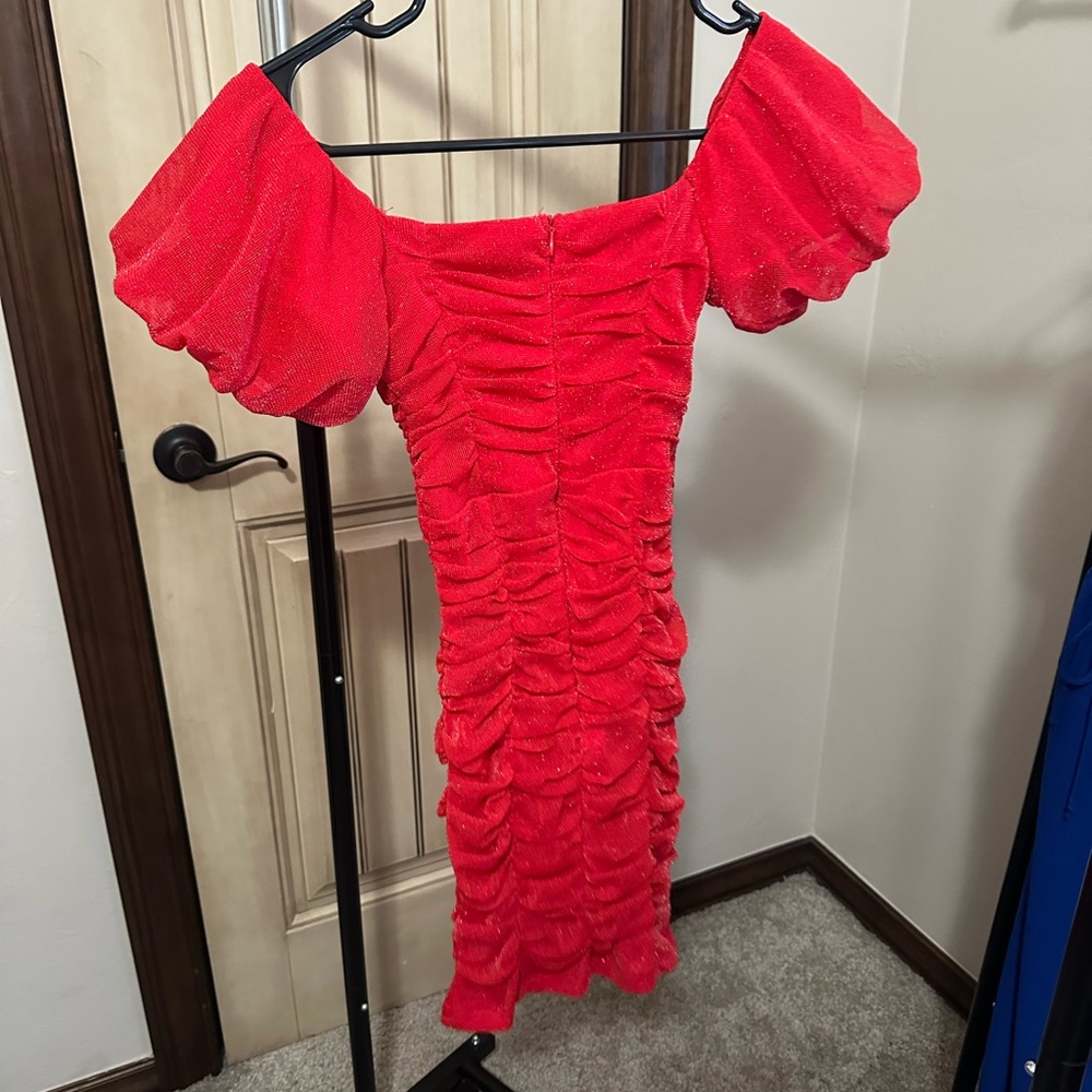 Chic Red Ruched Mini Dress - Picture 2 of 3